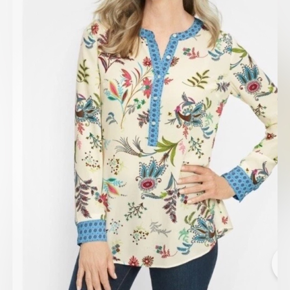 Talbots Dancing Floral botanical blouse top band collar popover large